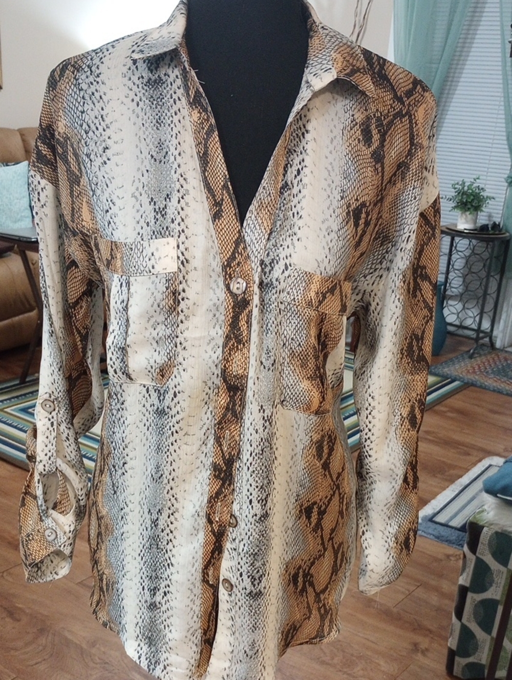 entro Snake Print Button-Front Blouse in Cream and Brown